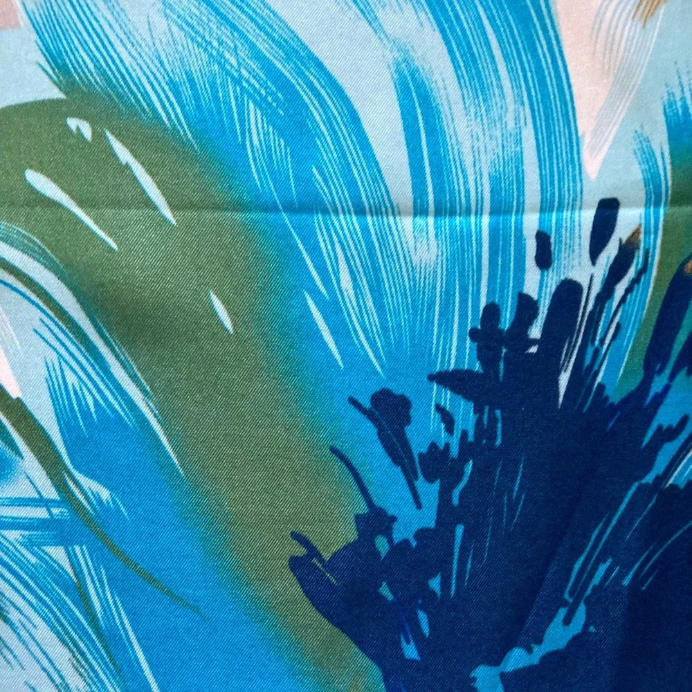 Oversized Square Blue Floral Satin Scarf Head Neck Hair boho Tropical Wrap 💖